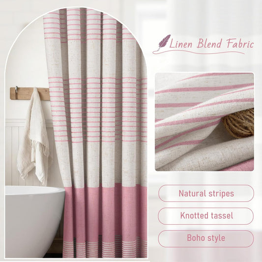 Pink Shower Curtain Boho Linen Striped Shower Curtains for Bathroom with Tassel 72 X 72
