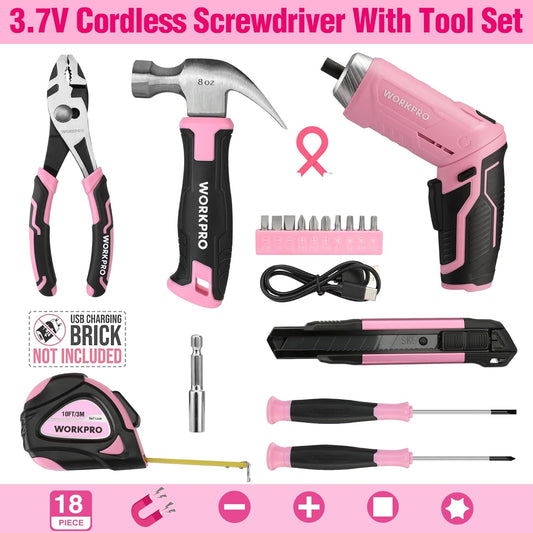 WORKPRO Pink Tool Set with 3.7V Rotatable Electric Screwdriver, 18PCS Portable Ladies Home Tool Kit with Toolbox, Cordless Electric Screwdriver Kit, Household tool kit for Dorm, Apartment -Pink Ribbon