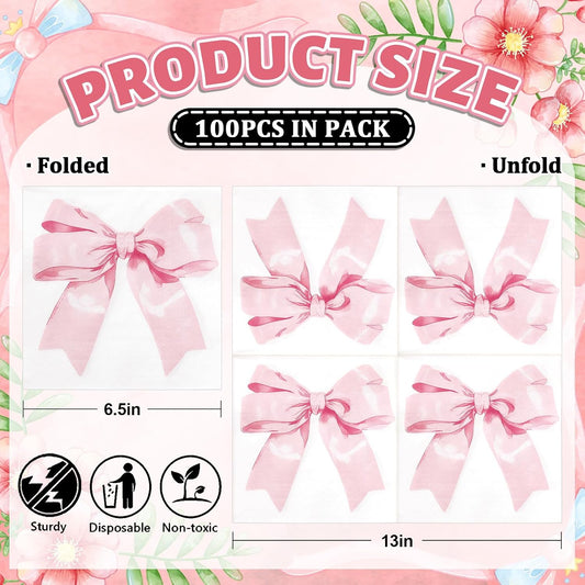 JarThenaAMCS 100Pcs Pink Bow Coquette Paper Napkins Watercolor Ribbon Bowknot Disposable Luncheon Dinner Napkins For Birthday Baby Shower Bachelorette Party Table Supplies