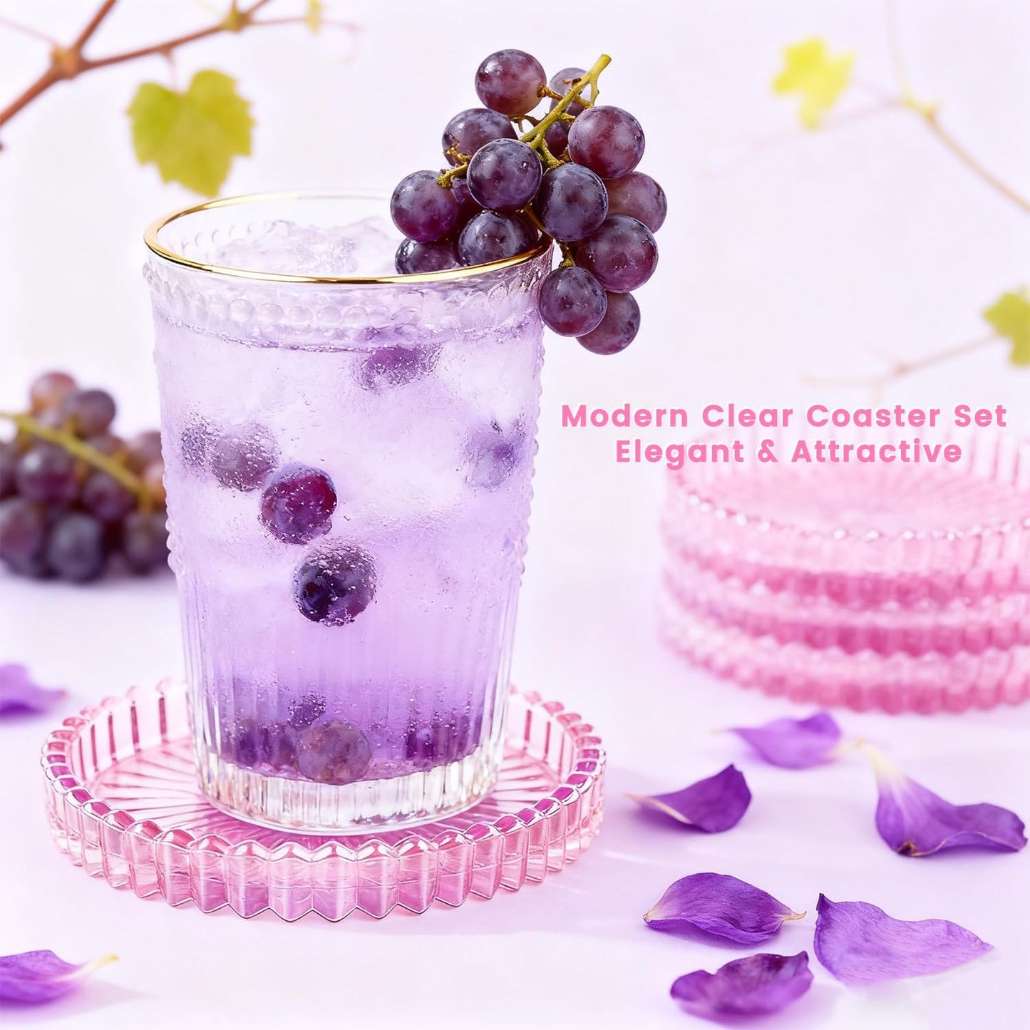 5 Pack Clear Glass Coaster for Drinks, Crystal Coasters Round Cup Coaster with Beads Edge, Coffee Table Decor for Restaurant bar Kitchen Dining Table (Pink)