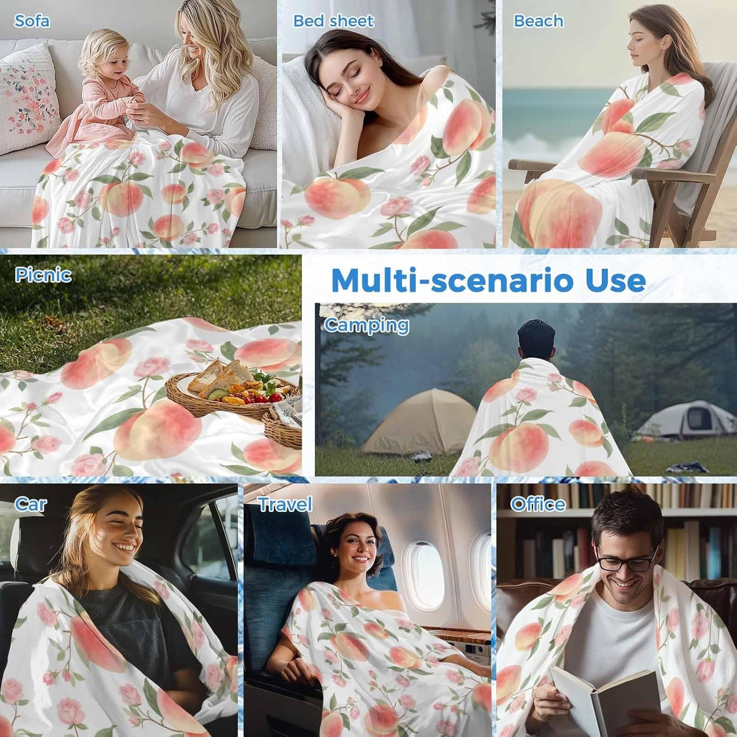 Cooling Blanket for Hot Sleepers, Peach Lightweight Breathable Summer Blanket, Spring Floral Green Leaf Botanical Pink Fruit Double-Side Cool Throw Blankets for Sleeping Travel, 50"x60"