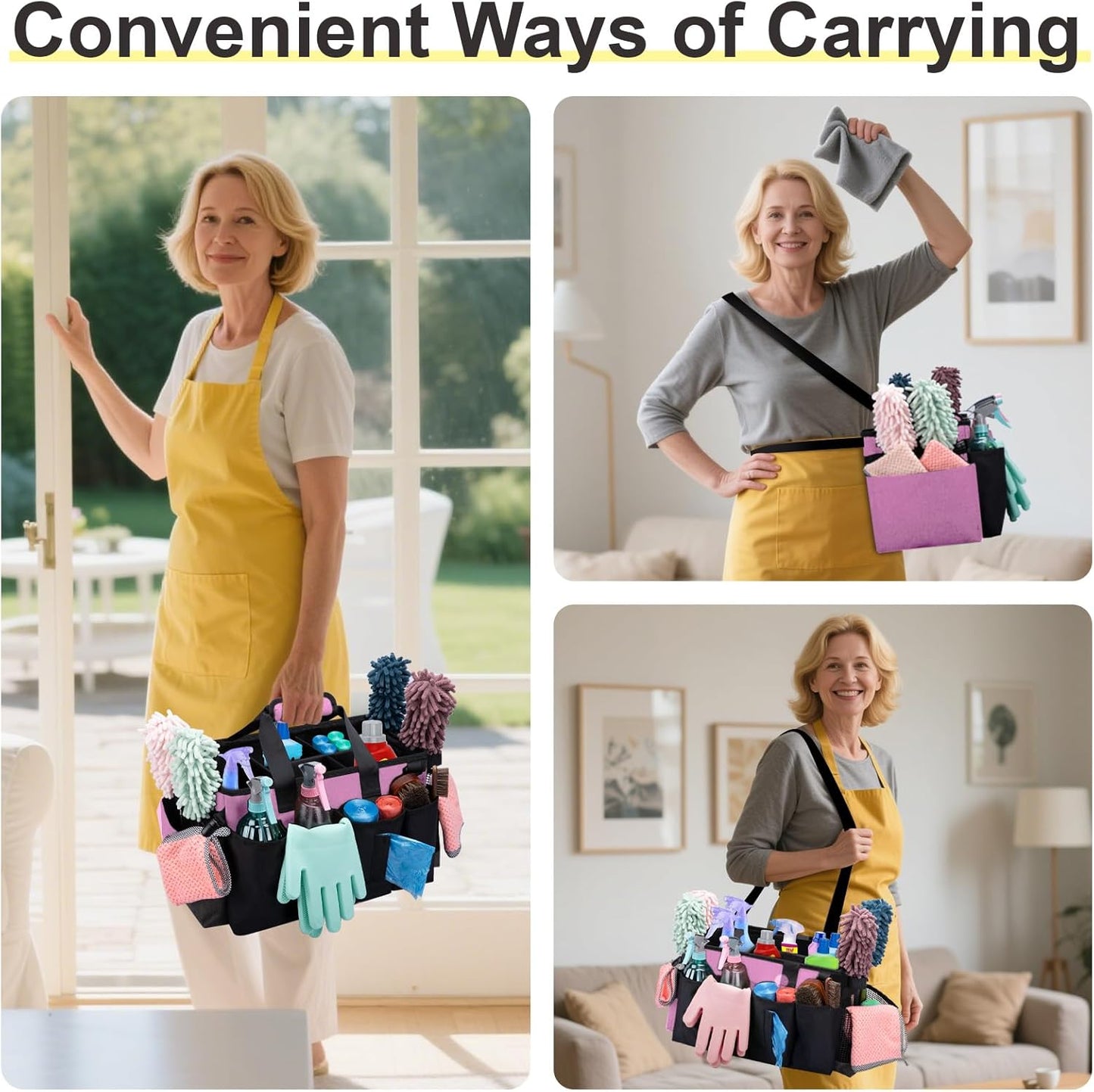 Wearable Large Cleaning Caddy Bag for Housekeeper, Clean Supply Organizer with Adjustable Shoulder, Waist & Handle Straps, Detailing Bag for Kitchen Supplies (Pink)