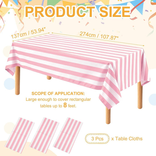 uxcell 3Packs Pink and White Striped Table Cloths 54 x 108 Inches Rectangle Plastic Tablecloth Waterproof Table Cover for Dining Birthday Party Kitchens Picnic
