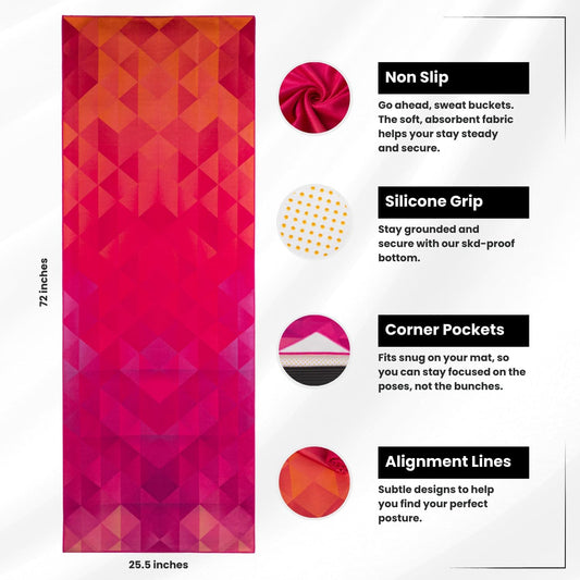 Yoga Drip Hot Yoga Towel โ Non Slip Yoga Mat Towel with Corner Pockets, Silicone Grip Dots & Subtle Alignment Lines | Sweat Absorbent, Moisture Wicking, Quick Dry | No Bunching or Sliding | 72โ x 26โ