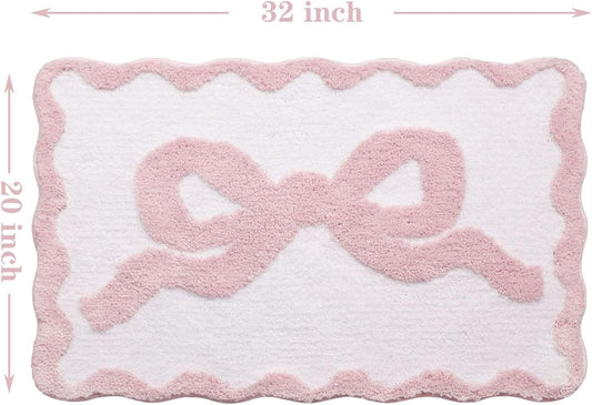 Pink Bow Bath Mat for Bathroom 20"x32", Cute Preppy Rugs with Scalloped Edges, Soft Microfiber, Ultra Absorbent, Non-Slip, Aesthetic Coquette Room Decor for Vanity, Shower, Bedroom, Sink Area