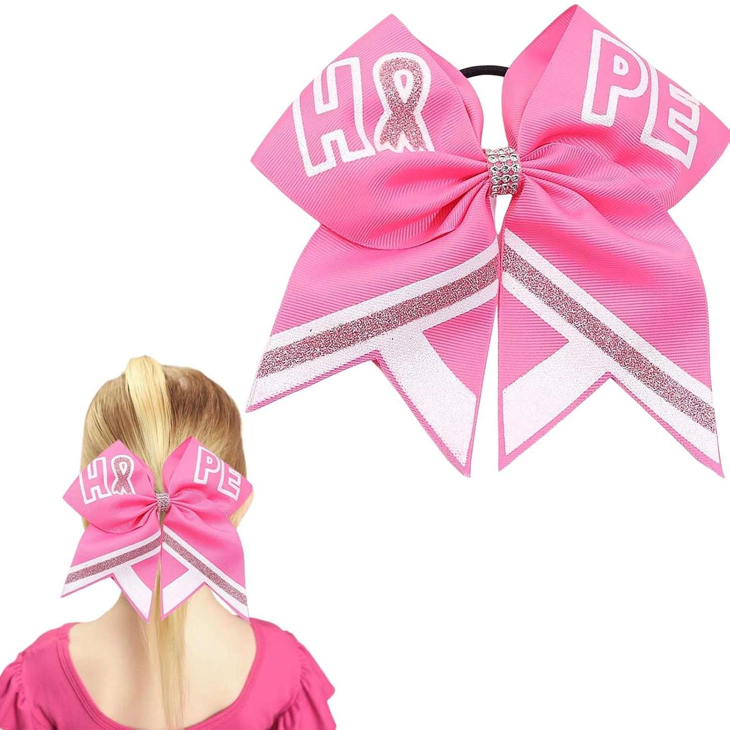 Totelux Breast Cancer Cheer Bows Hair Ties Pink Ribbon Hair Rubber Band Ponytail Holder Glitter Elastic Hair Bow Ties for Women Breast Cancer Awareness Hair Accessories