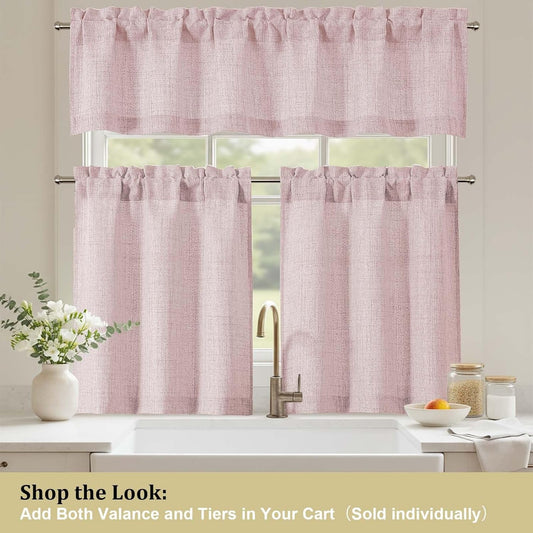 LIVEKID Blush Pink Valance for Windows - Light Filtering Faux Linen Textured Small Short Valance Kitchen Curtain, Rod Pocket Top Short Window Curtain for Bathroom Basement Farmhouse, 1 Piece, 52Wx14L