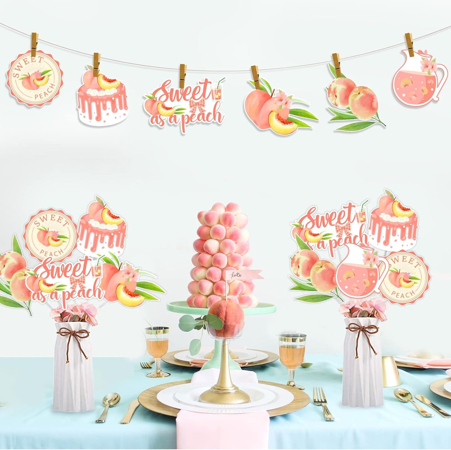 Jollyboom Peach Baby Shower Decorations, 24pcs Sweet As a Peach Table Centerpiece Sticks Double-Sided Printing for Fruits Baby Shower Birthday Party Wedding Table Supplies