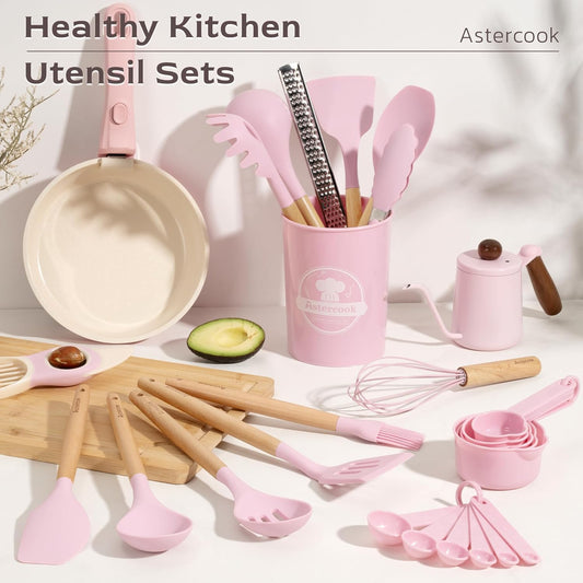 Astercook Kitchen Utensils set, 39 PCS Silicone Cooking Utensils Set with Wooden Handle, 446ยฐF Heat Resistant Food Grade Utensil Sets, BPA Free Kitchen Gadgets Tools Set for Nonstick Cookware (Pink)