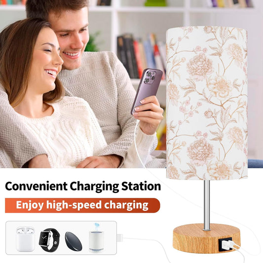 Lolikit Bedside Touch Lamp, Wood Small Table lamp with 2 USB Charging Ports & Flower Fabric Shade, 3-Way Dimmable Nightstand Lamps for Living Room Bedroom Office Reading Desk Home Dorm Pink