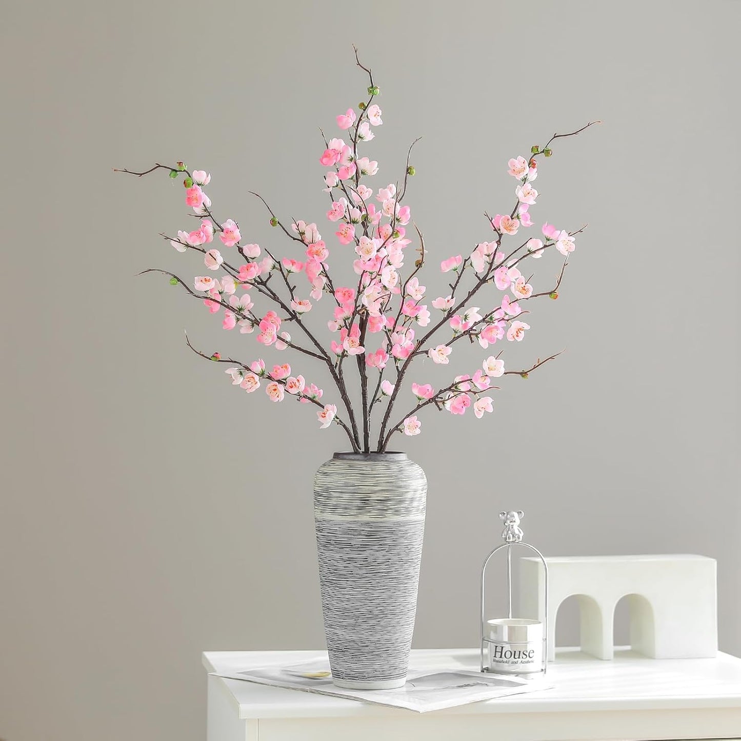 Artificial Pink Cherry Blossom Branches 3Pcs 37.8" Faux Silk Cherry Blossom, Fake Flowers with Leaves Bouquet Decorations for Home Living Room Bedroom Table Centerpiece Vase Wedding Decor