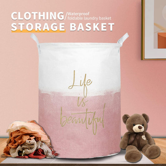 Merdes 19.7โโ Waterproof Foldable Laundry Hamper, Dirty Clothes Laundry Basket, Linen Bin Storage Organizer for Toy Collection (Life Pink)