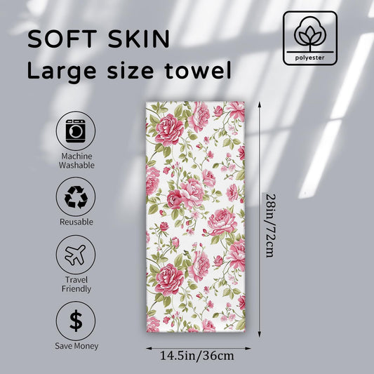 Vibrant Floral Hand Towels 2PCS, Pink Flower and Leaf Pattern Polyester Bath Towel Set, Vintage Blossom Design for Women, Bathroom, Spa, Gym, Kitchen, Travel Decor Gifts, 14.5x28 Inch