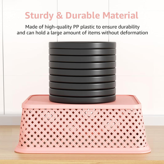 MaxGear Organization and Storage 3 Packs, Plastic Bins Organizer Bins, Woven Baskets for Storage, Plastic Baskets with Handles, Pink Basket for Organizing, Basket Organizer for Home and Office, Large