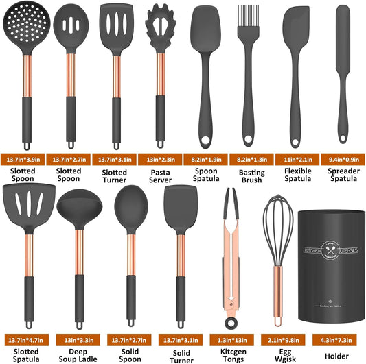 Silicone Cooking Utensil Set, Umite Chef Kitchen Utensils 15pcs Cooking Utensils Set Non-stick Silicone Rose Gold Handle Cooking Tools Whisk Kitchen Tools Set -Grey