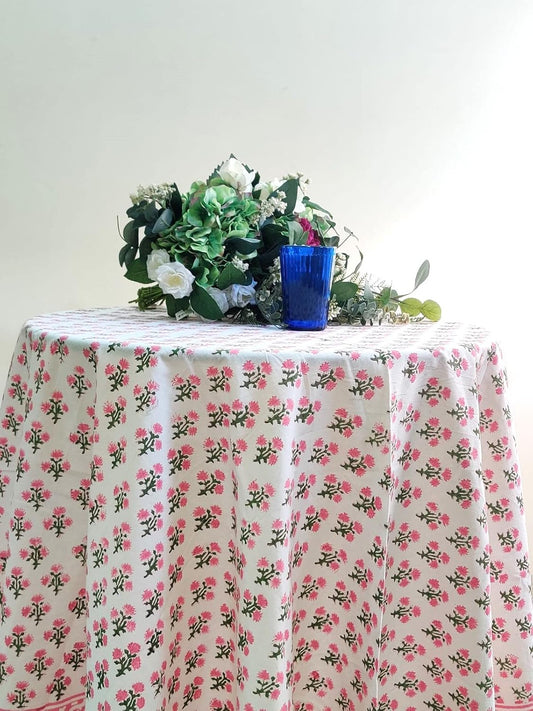 ATOSII Gulbahar White Pink 100% Cotton Spring Summer Round Tablecloth, Block Print Table Cloth for Dining, Weddings, Outdoors, Parties, Grand Millenial Home Decor 90" Inches I