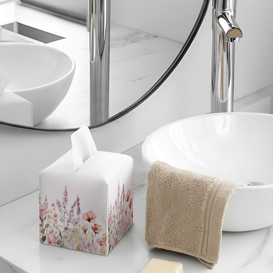 Spring Pink Tissue Box Cover — Pink Watercolor Flower Floral Decorative Square Faux Leather Tissue Box Holder Dispenser, Spring Accessories for Bathroom Car Home