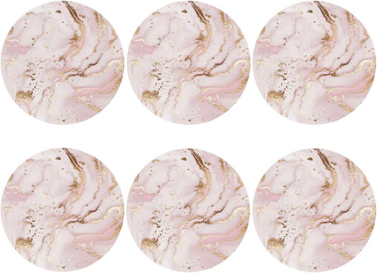 Pink White Marble Drink Coasters for Coffee Table, Portable Non-Slip Leather Gold Glitter Texture Coaster for Kitchen Living Room Office Kinds of Cups Home Decor Bar Round Coasters(Round,6 pcs)