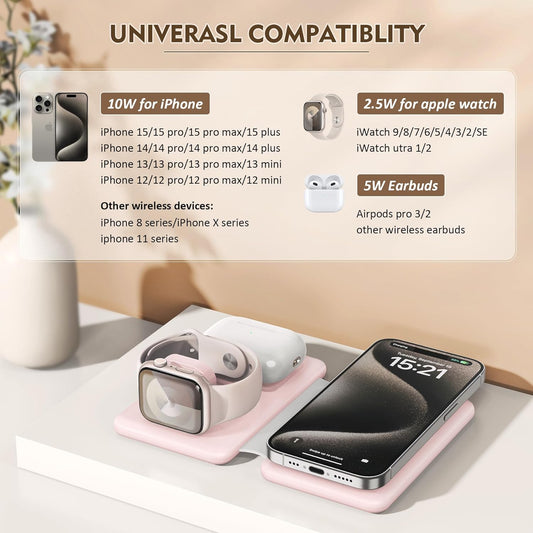 3 in 1 Wireless Charging Station for iPhone 17 16 15 14 13 12 Pro Max Plus โ Foldable Magnetic Charger Pad for Apple Watch Series & AirPods โ Fast Wireless Charging Dock for Travel & Home