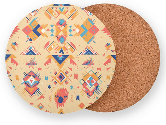 Colorful Aztec Pattern Peach Round Coaster 4 Piecing Set Cork Base Cups Place Mats for Home Decor, Bar, Coffee