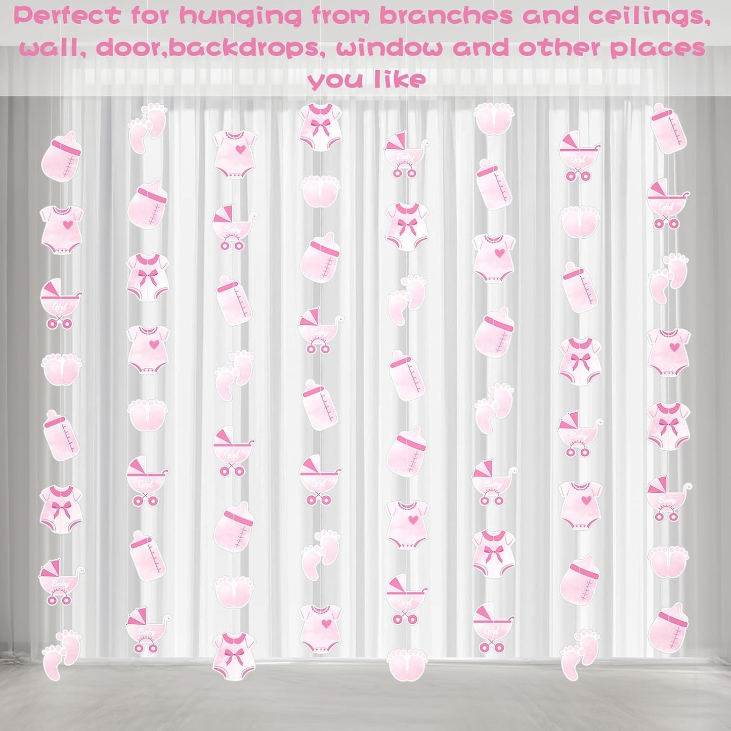 Weecent 8 Pack Pre-Strung Pink Baby Shower Banner Baby Girl Party Decorations Pink Paper Garland Baby Girl Birthday Party Favors Baby Shower Party Supplies