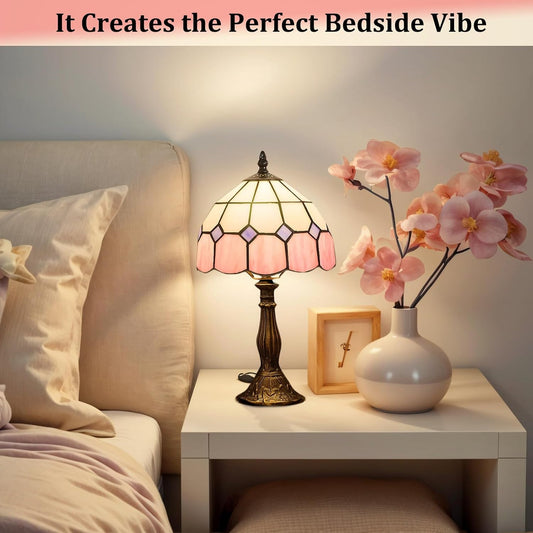 Table Lamp Tiffany-Style 8 Inch Mediterranean Series Stained Glass Lampshades Small Bedside Lamp Reading Antique Desk Light Livingroom Bedroom Office Vintage Art De(Color:Pink)