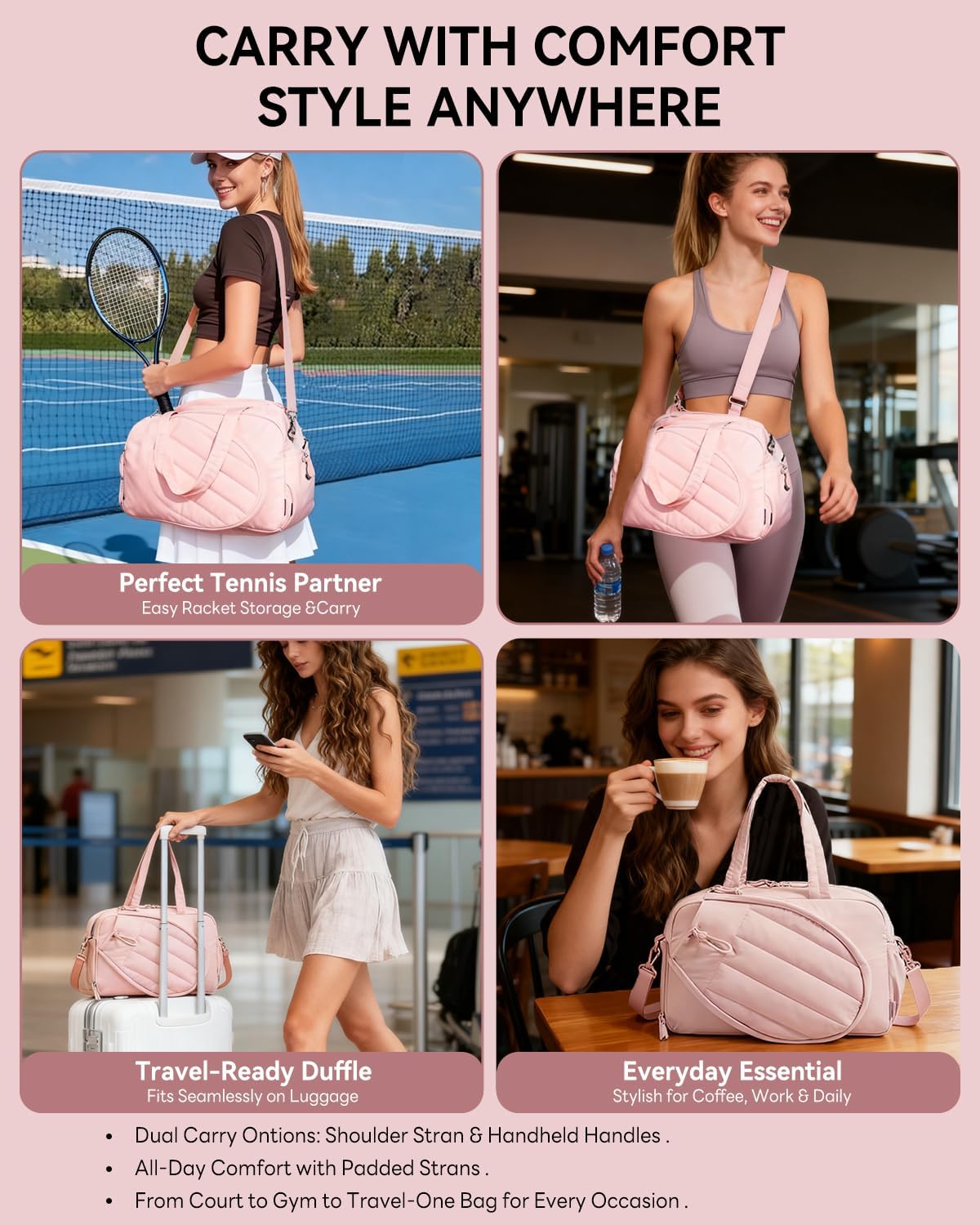 Tennis Tote Bag for Women – Waterproof Lightweight Travel Gym Bag with Shoulder Strap, Holds 2 Rackets, Pickleball & Badminton Bag with Shoe Compartment, Wet/Dry Separation, Fits 15.6" Laptop