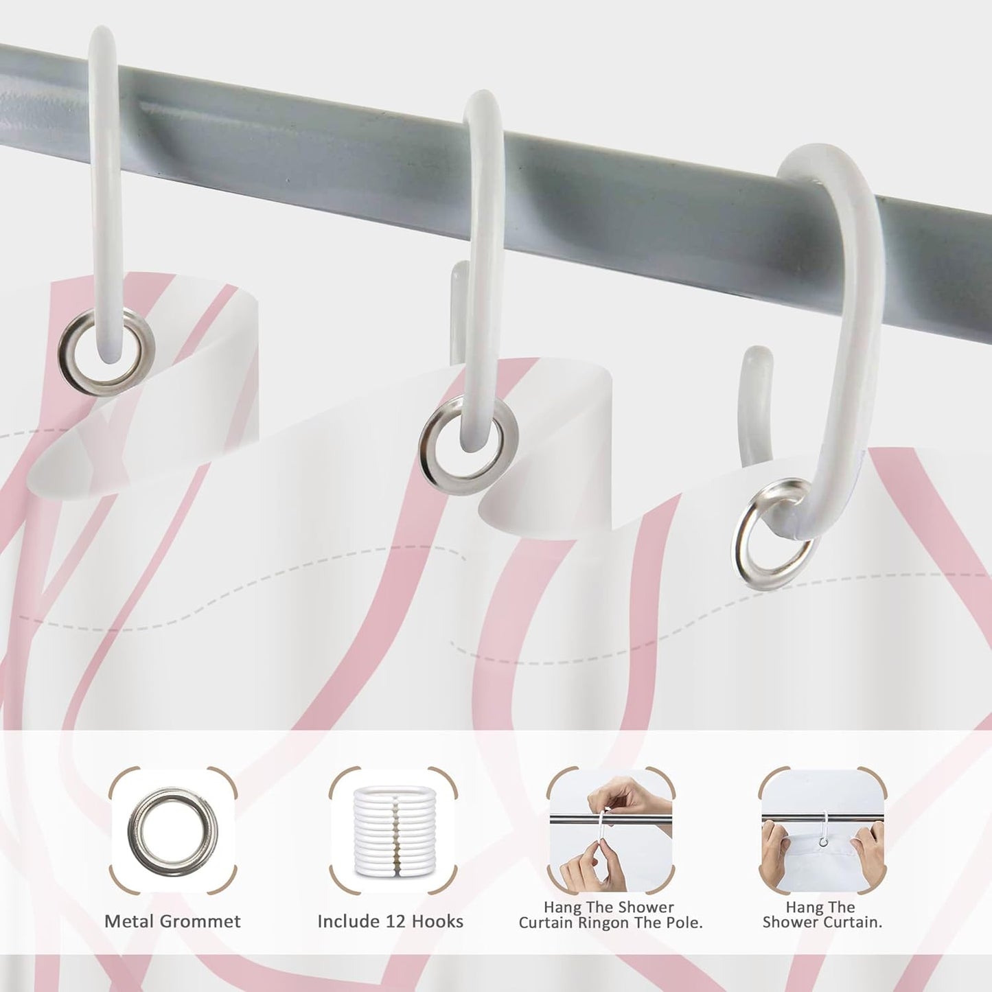 Glawry Pink Striped Shower Curtain 72Wx72L Inches, Abstract Pink and White Shower Curtains for Bathroom, Modern Minimalist Simple Aesthetic Girly Bathroom Curtains Waterproof Fabric 12 Hooks