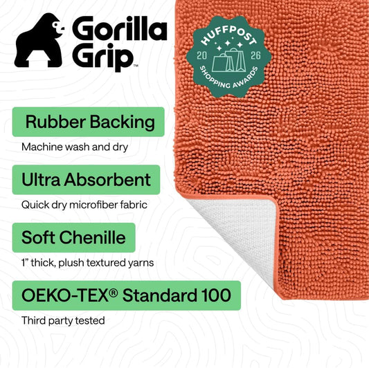 GORILLA GRIP Bath Rug Mat, Thick Soft Absorbent Chenille, Quick Dry Microfiber Mats, Rubber Backing Washable Shower Floor Rugs, US Designed Bathroom Bathmat Home Decor Accessories, 24x17, Coral