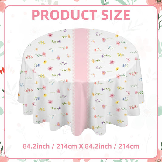 SpinLaLa 3-Piece 84 x 84 Inch Spring Floral Plastic Tablecloth – Round Disposable Flower Table Covers with Pink Stripe and Wildflower Designs for Spring Parties, Easter, Bridal Showers Celebrations