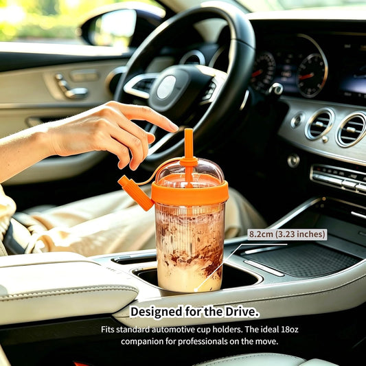 Reusable High-Clarity Copolyester Tumbler with Straw and Cap, 18oz Portable Coffee Mug with Ribbed Grip, Travel Cup for Office and Car - 540ml Multiple Colors (Light Pink)