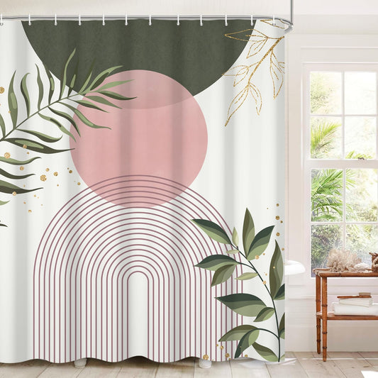 Boho Mid Century Shower Curtain, Pink Modern Minimalist Abstract Geometric Sage Green Gold Plant Leaves Bathroom Curtains Washable Waterproof Fabric Buthtub Curtain Set with Hooks 48" Wx72 L
