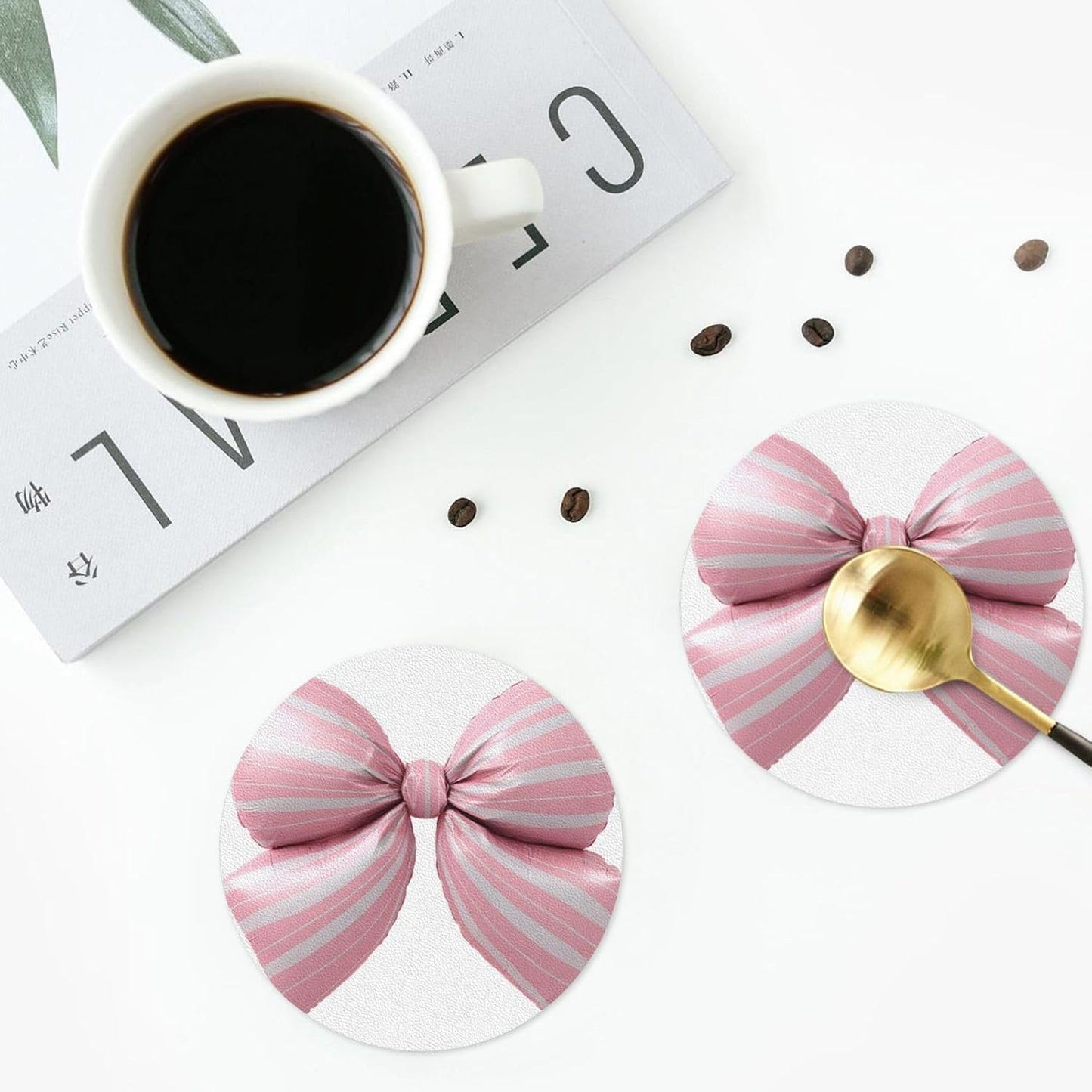 Light Pink Bow Balloon Candy Stripe Pattern Drinks Coasters Set of 4 Leather Drink Coasters for Tabletop Protection Heat Resistant Bar Cup Mat Pad