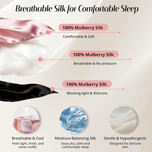Silk Sleep Mask for Women: 100% Mulberry Silk Eye Mask, Black Back Sleeping Mask for Light Blocking, Soft Wavy Edge Eye Cover and Adjustable Strap, Travel & Sleep Gift (Pink)