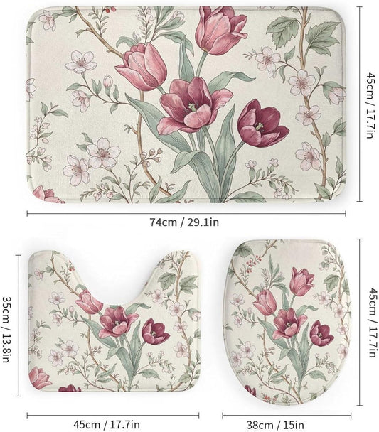 4 Piece Bathroom Sets with Toilet Lid Cover Botanical Pink Tulip in Cream Waterproof Bathroom Decor Accessories with 12 Hooks Rustic Housewarming Gift