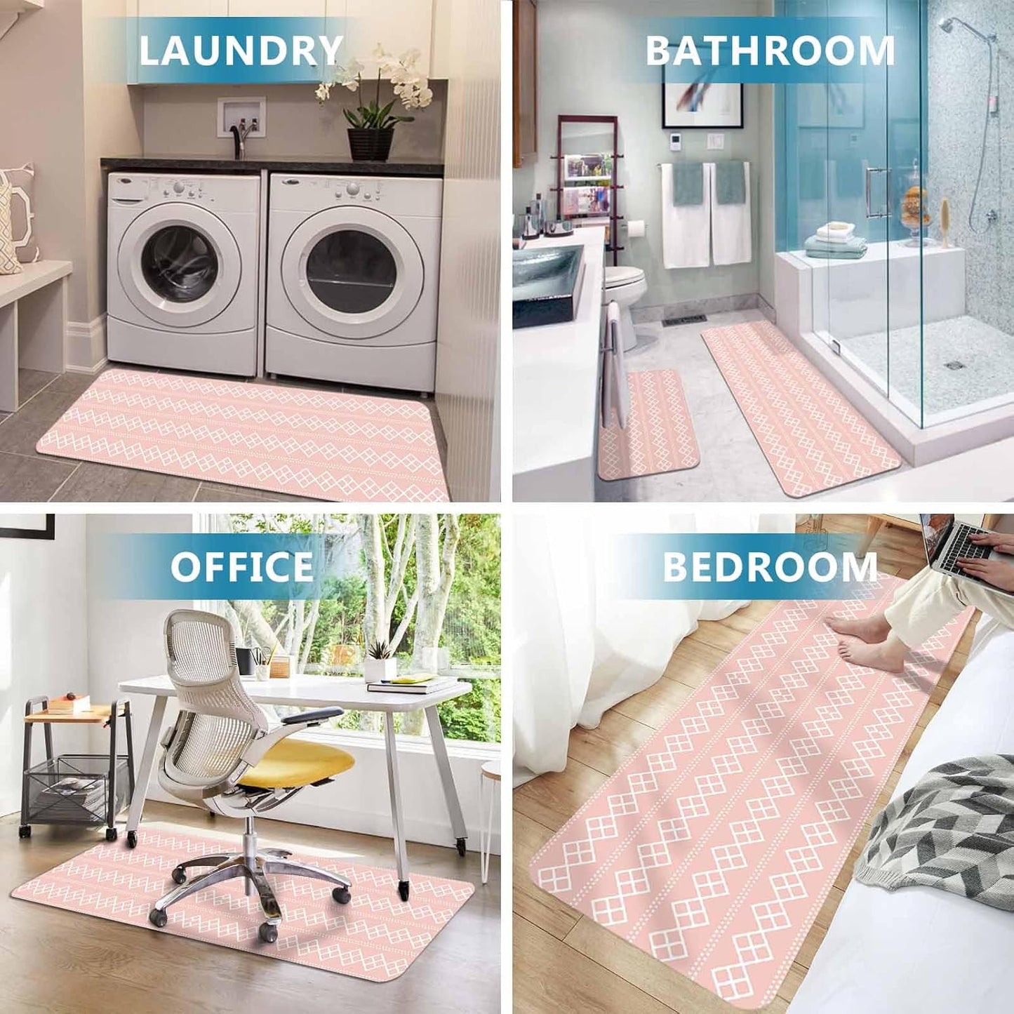 Peach Pink Checkered Kitchen Mat Set 2 Pieces Abstract White Geometric Argyle Stripe Non Slip Kitchen Rugs Washable Runner Rug Mats for Kitchen Sink Laundry Office (23.6" x 35.4"+23.6" x 70.9")