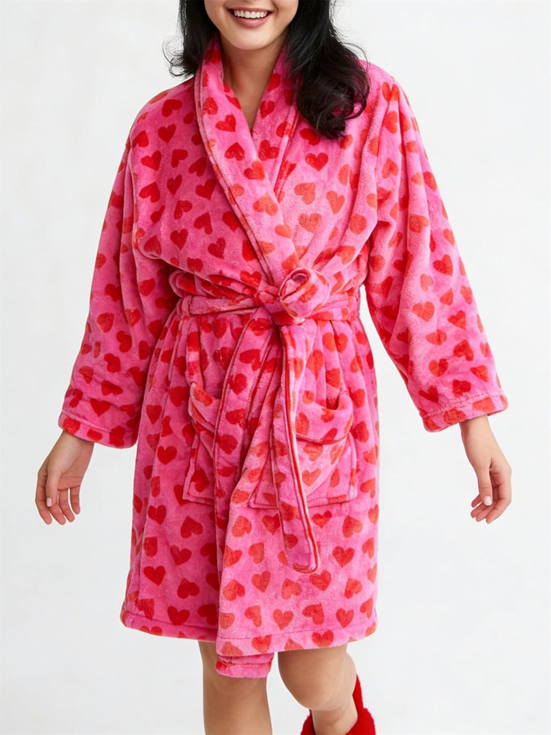 Christmas Fuzzy Fleece Robes for Women Cozy Plush Bathrobe Shawl Collar Warm Winter Short Robes with Belt Pockets