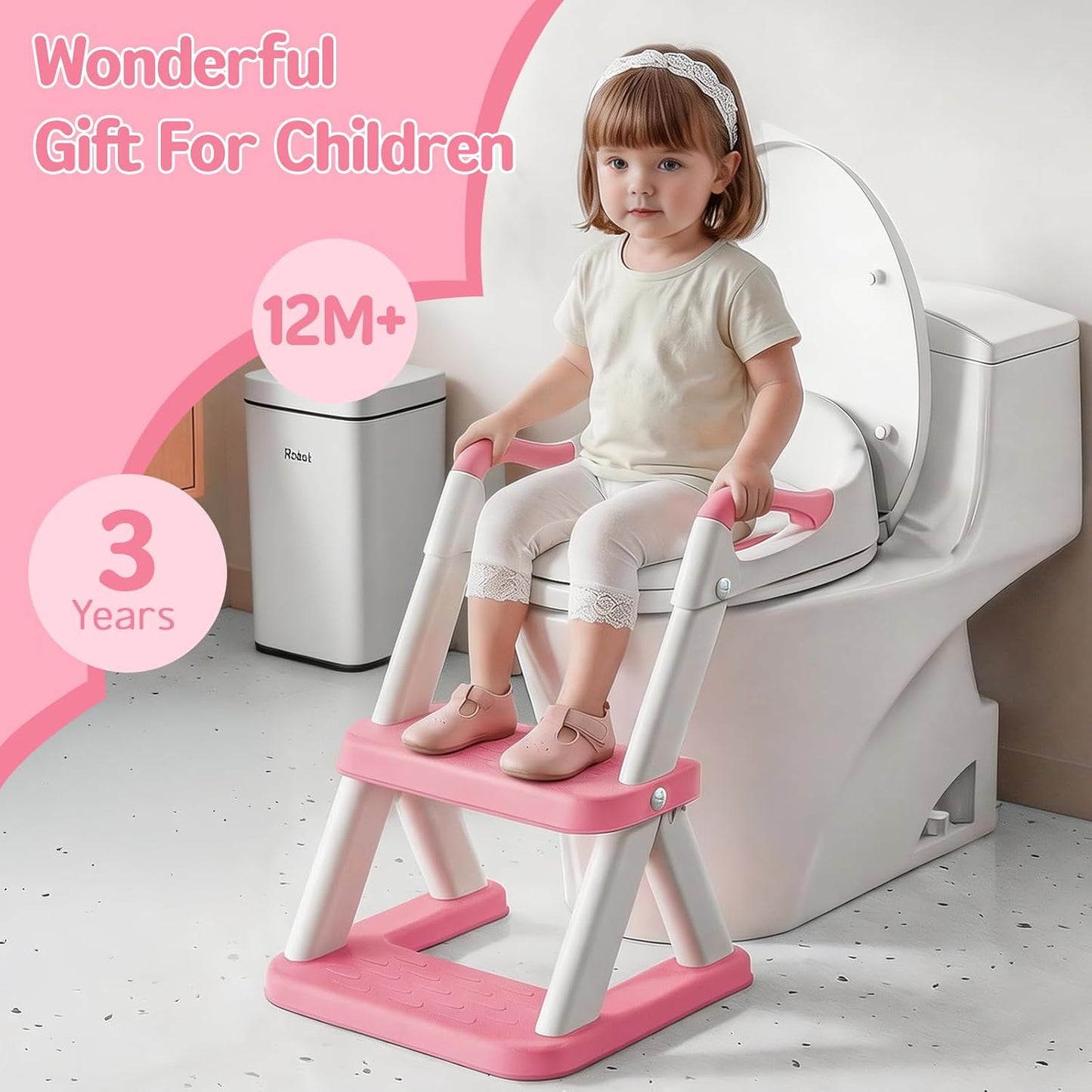 Potty Training Toilet Seat with Steps, 2-in-1 Toddler Toilet Seat for Boys Girls with Splash Guard Soft Anti-Slip Pad,Bright Pink