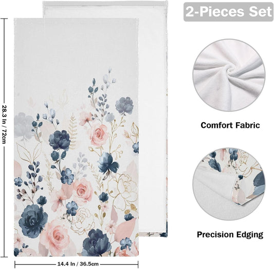 Navy Blue Pink Floral Hand Towels for Bathroom Set of 2 Watercolor Blossom Garden Flowers Face Towels Microfiber Rose Kitchen Towels Decorative Bathroom Towel for Gym Shower Guest 14" x 28"