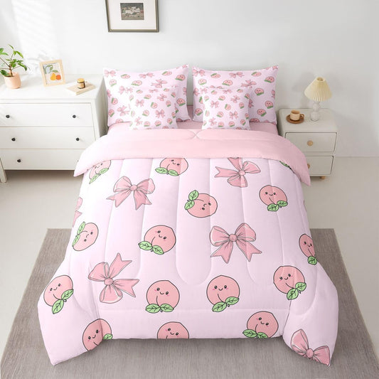 Erosebridal Bowknot 7 Piece Bedding Set Twin Peach Comforter Set with Sheets Cute Cartoon Peaches Kawaii Pink Bow Bed in a Bag Fruit Princess Ribbon Bowtie for Kids Boys Girls