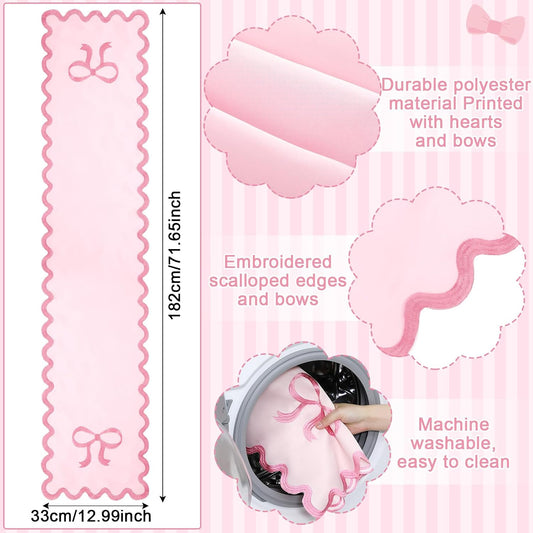 Pink Bow Table Runner 72 Inches Cute Embroidery Scalloped Table Runner Coquette Dining Decor for Wedding Birthday Baby Shower Spring Summer Home Decor