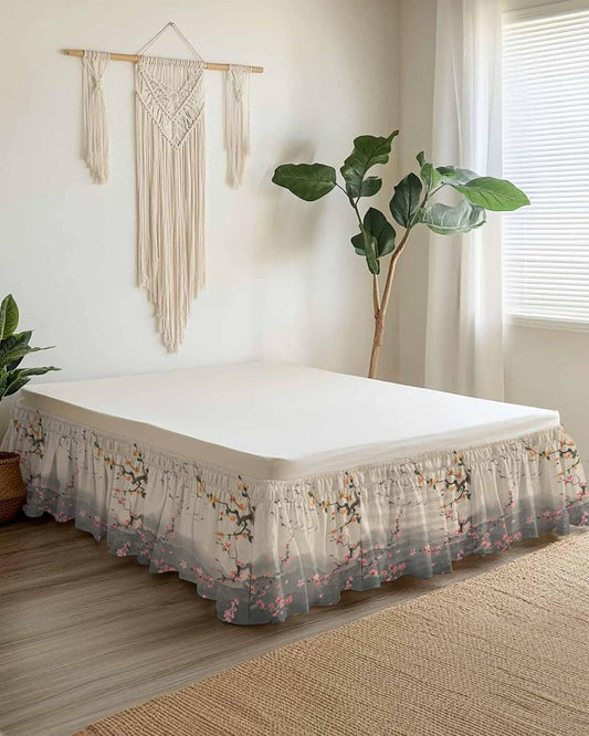Chinese Ink Painting Bed Skirt Queen Size 16 Inch Drop, Wrap Around Bed Skirts, Pink Peach Blossom Branches Elastic Bedskirt Pleated Bed Frame Cover Luxurious Dust Ruffle for Queen Bed