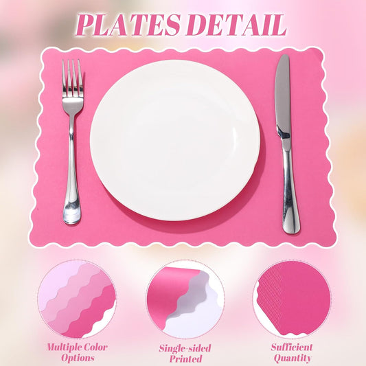 100 Pcs Hot Pink Paper Place Mat 14 x 10 Inch Pink Table Placemats Disposable Scalloped Placemats for Spring Summer Wedding Birthday Tea Party Supplies Bridal Shower Home Dining Decor