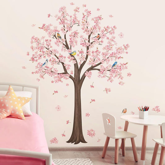 decalmile Large Pink Blossom Tree Wall Decals Flower Birds Branch Wall Stickers Living Room Bedroom Baby Nursery Wall Decor๏ผH:128cm/50 Inches๏ผ