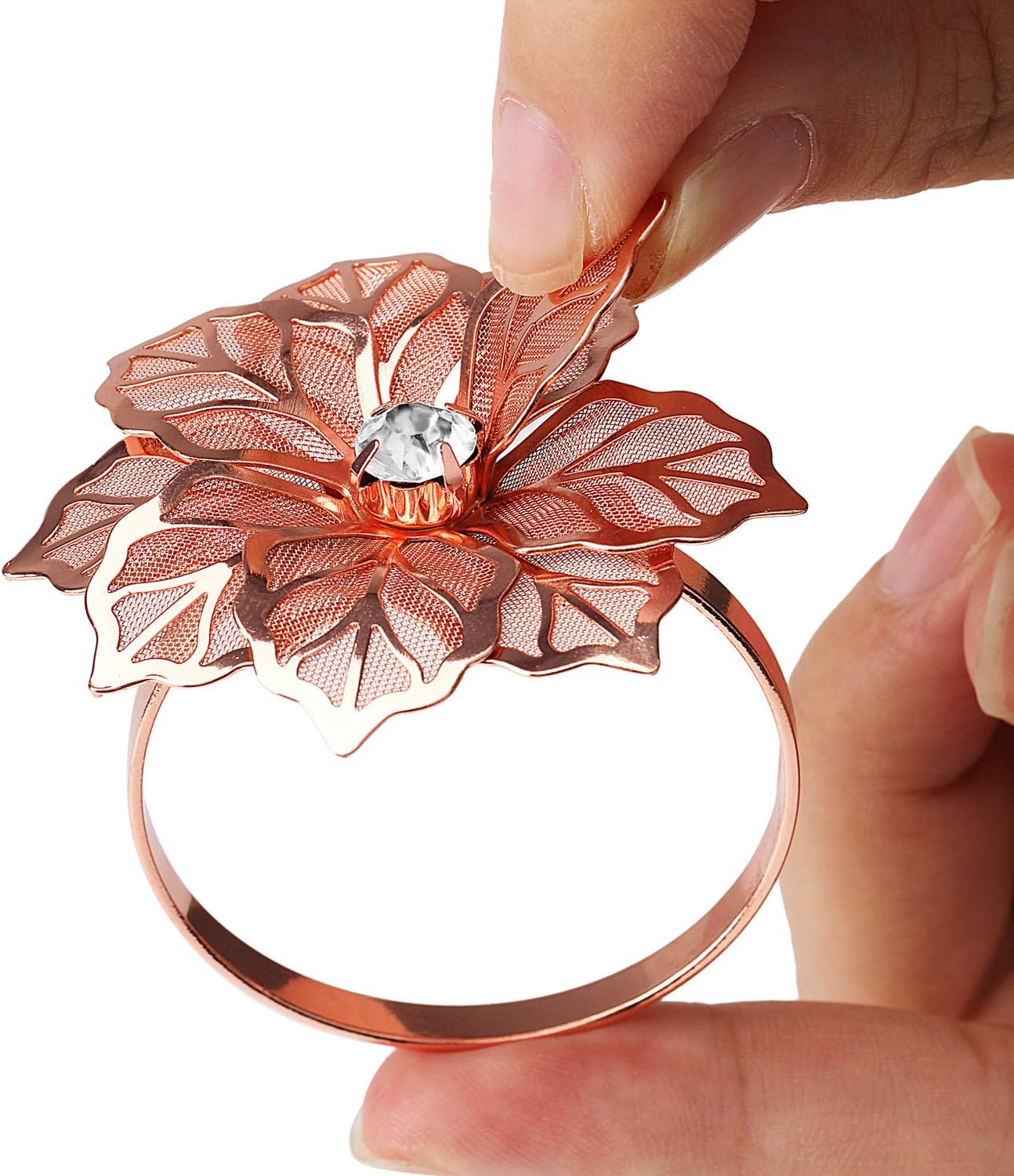 KPOSIYA Hollow Out Flower Napkin Ring Holder Metal Napkin Rings Set of 20 for Wedding Party Holiday Banquet Christmas Dinner Delicate Serviette Buckles Decor Favor (20, Flower-Rose Gold)