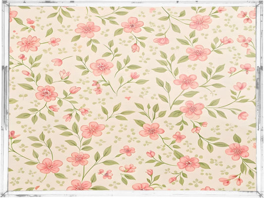Watercolor Flowers Pink Serving Tray 12" x 16" Acrylic Trays with Handles Decorative Serving Platter for Coffee, Breakfast in Bed, Dinner, Appetizers, Patio, Party