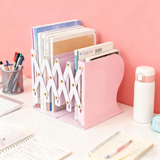 Metal Bookends for Heavy Books, Sturdy Book Stopper to Hold Books Heavy Duty, Adjustable Book Ends for Office & School (Pink Color)