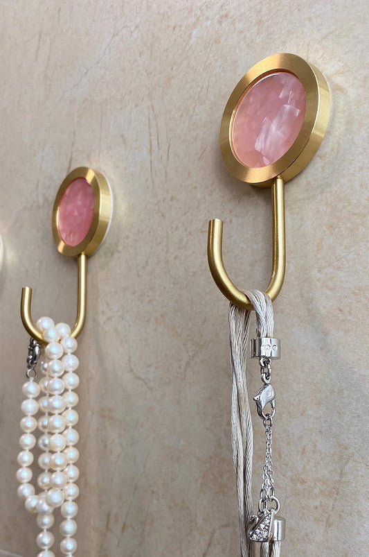 Solid Brass Decorative Wall Hook, Self-Adhesive Hole Free Wall Mount, Shining Gold Fancy Hook (Blossom Pink–Pack of 2)
