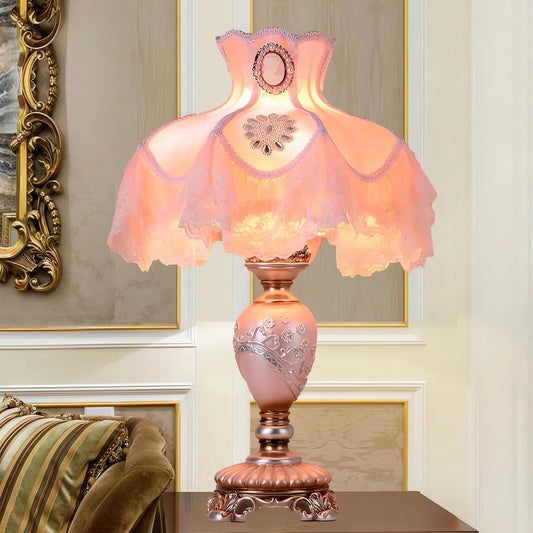 Pink Resin Table Lamp European Princess Desk Light Cerative Lace Fabric Lampshade with Resin Lamp Body Beside Lamp for Bedroom Living Room Study Room Nursery Room
