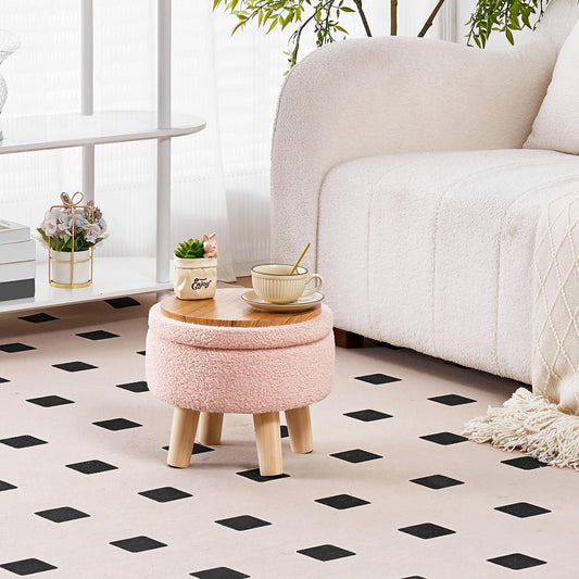 Wimarsbon Storage Ottoman, Modern Round Footrest with Soft Padded Seat, Teddy Velvet Footstool with Wood Legs, Accent Small Table or Plant Stand for Hallway, Living Room (Pink)
